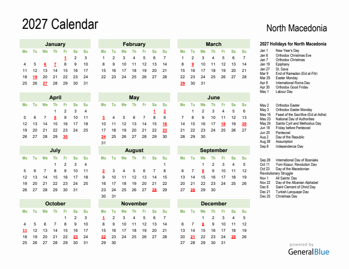 Holiday Calendar 2027 for North Macedonia (Monday Start)