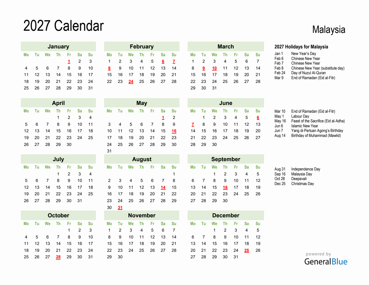 Holiday Calendar 2027 for Malaysia - Monday Start