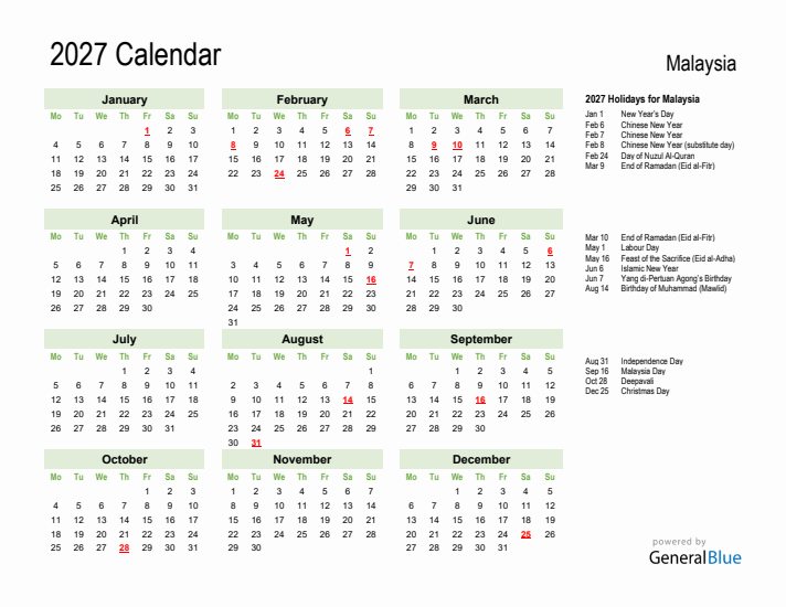 Holiday Calendar 2027 for Malaysia (Monday Start)
