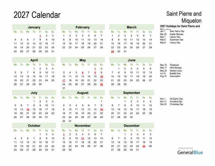 Holiday Calendar 2027 for Saint Pierre and Miquelon (Monday Start)