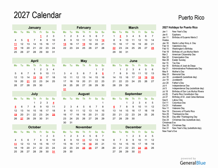 Holiday Calendar 2027 for Puerto Rico (Monday Start)