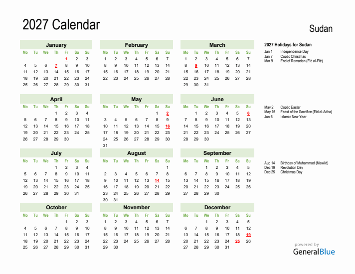 Holiday Calendar 2027 for Sudan (Monday Start)