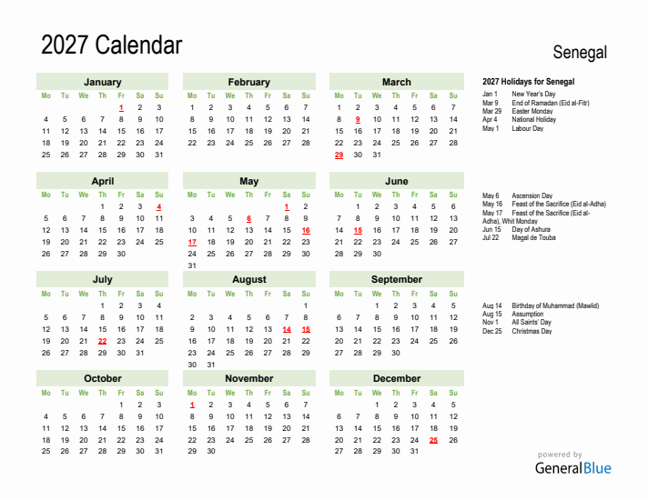 Holiday Calendar 2027 for Senegal (Monday Start)