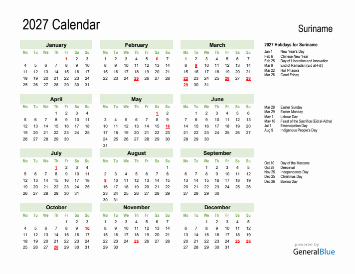 Holiday Calendar 2027 for Suriname (Monday Start)