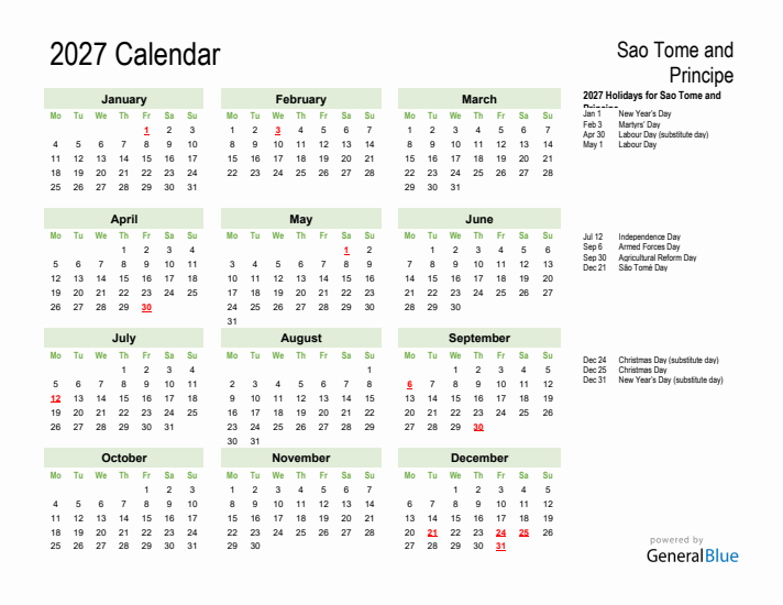 Holiday Calendar 2027 for Sao Tome and Principe (Monday Start)