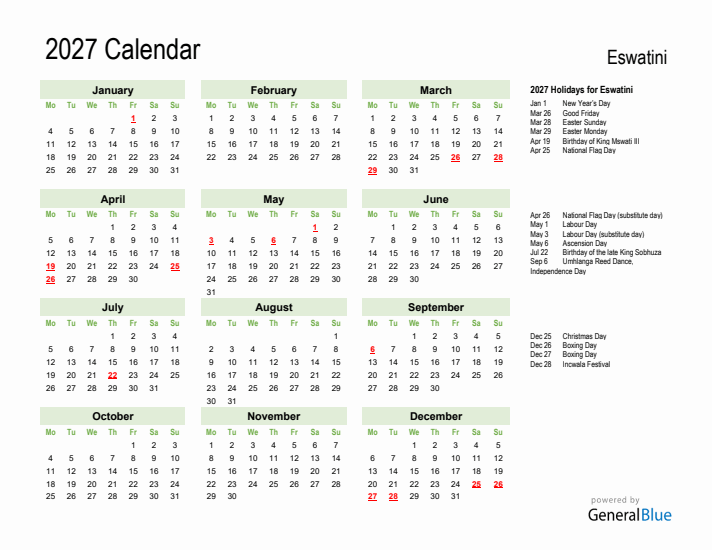 Holiday Calendar 2027 for Eswatini (Monday Start)