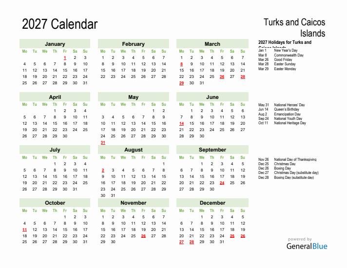 Holiday Calendar 2027 for Turks and Caicos Islands (Monday Start)