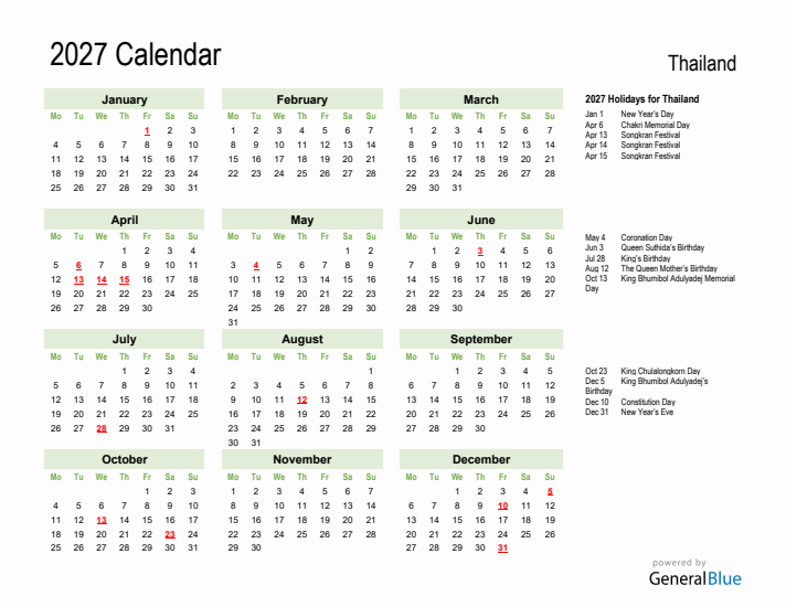 Holiday Calendar 2027 for Thailand (Monday Start)