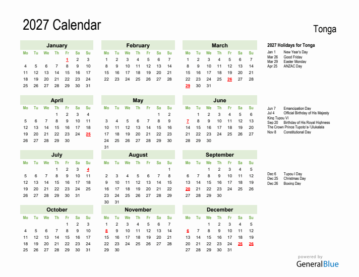 Holiday Calendar 2027 for Tonga (Monday Start)
