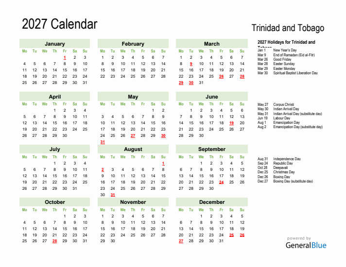 Holiday Calendar 2027 for Trinidad and Tobago (Monday Start)