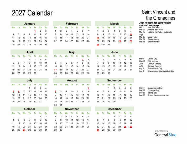 Holiday Calendar 2027 for Saint Vincent and the Grenadines (Monday Start)