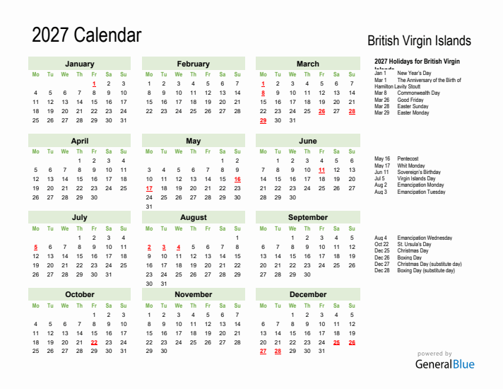Holiday Calendar 2027 for British Virgin Islands (Monday Start)