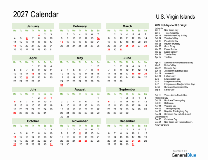 Holiday Calendar 2027 for U.S. Virgin Islands (Monday Start)