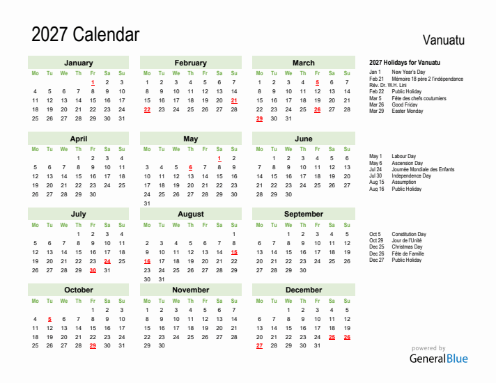 Holiday Calendar 2027 for Vanuatu (Monday Start)