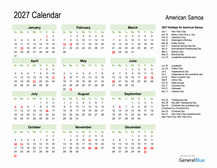 Holiday Calendar 2027 for American Samoa (Sunday Start)