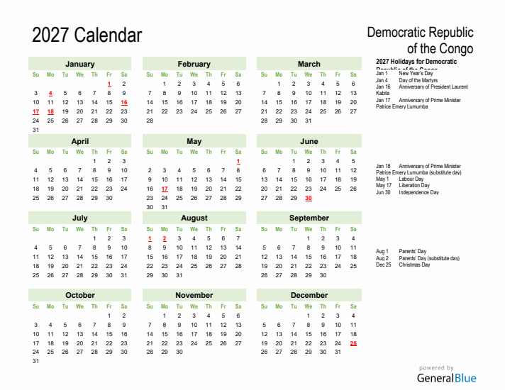 Holiday Calendar 2027 for Democratic Republic of the Congo (Sunday Start)