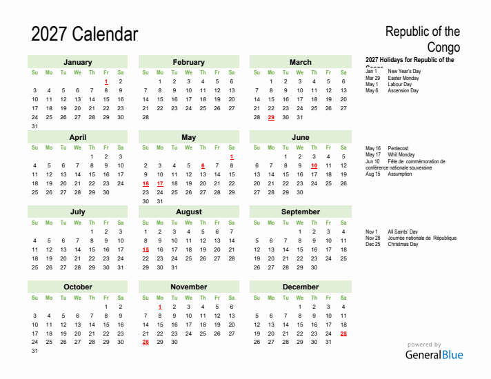Holiday Calendar 2027 for Republic of the Congo (Sunday Start)