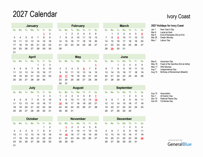 Holiday Calendar 2027 for Ivory Coast (Sunday Start)