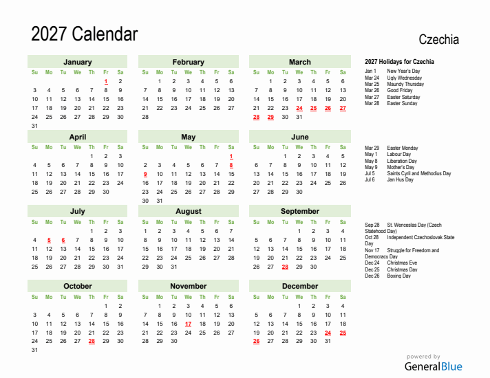 Holiday Calendar 2027 for Czechia (Sunday Start)