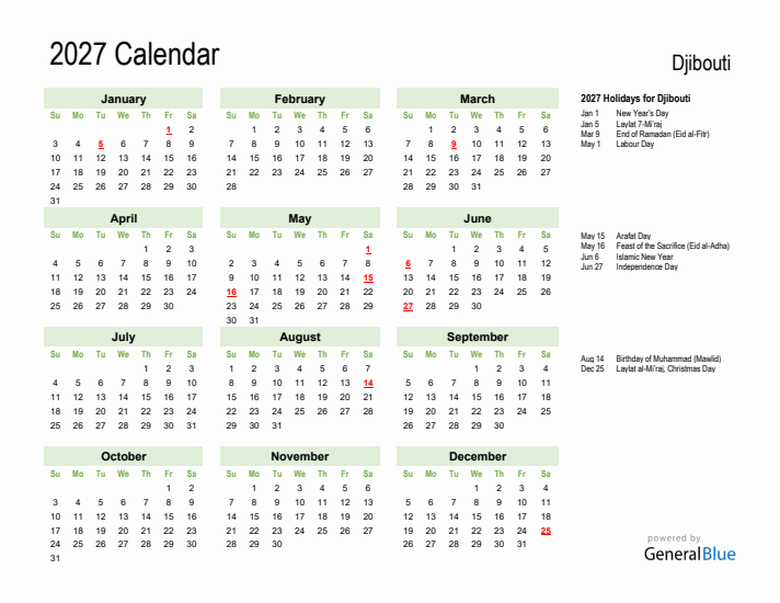 Holiday Calendar 2027 for Djibouti (Sunday Start)
