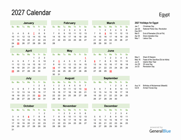 Holiday Calendar 2027 for Egypt (Sunday Start)