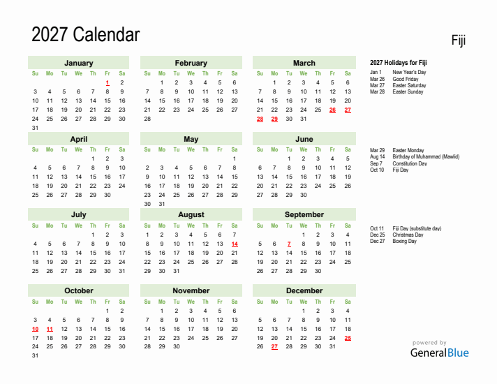 Holiday Calendar 2027 for Fiji (Sunday Start)
