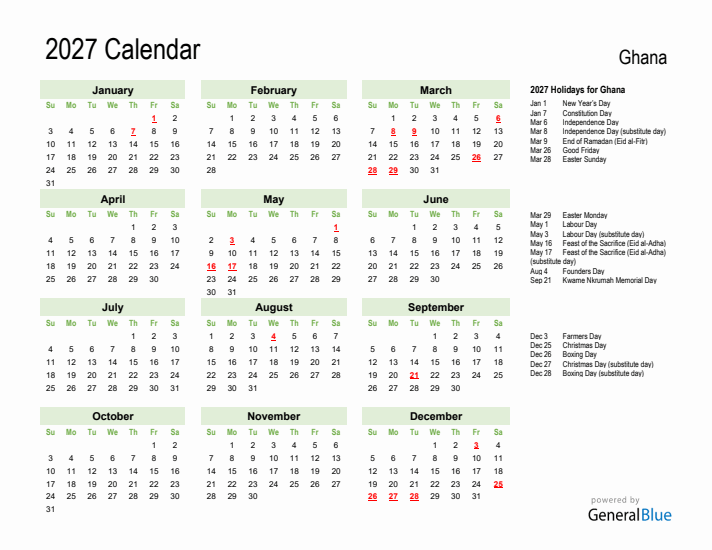 Holiday Calendar 2027 for Ghana (Sunday Start)