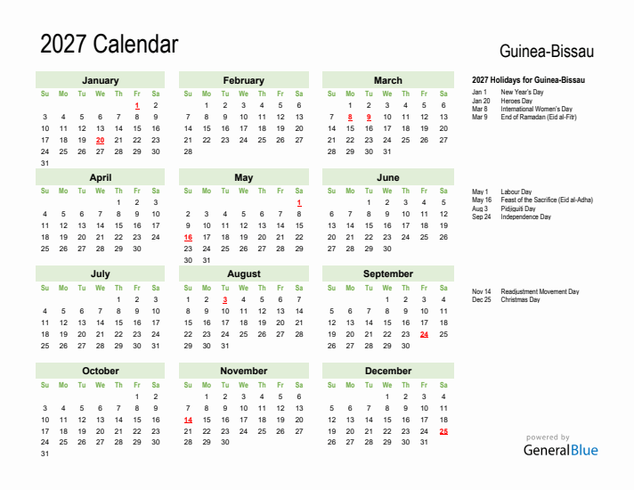 Holiday Calendar 2027 for Guinea-Bissau (Sunday Start)