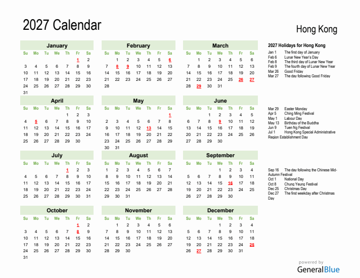 Holiday Calendar 2027 for Hong Kong (Sunday Start)