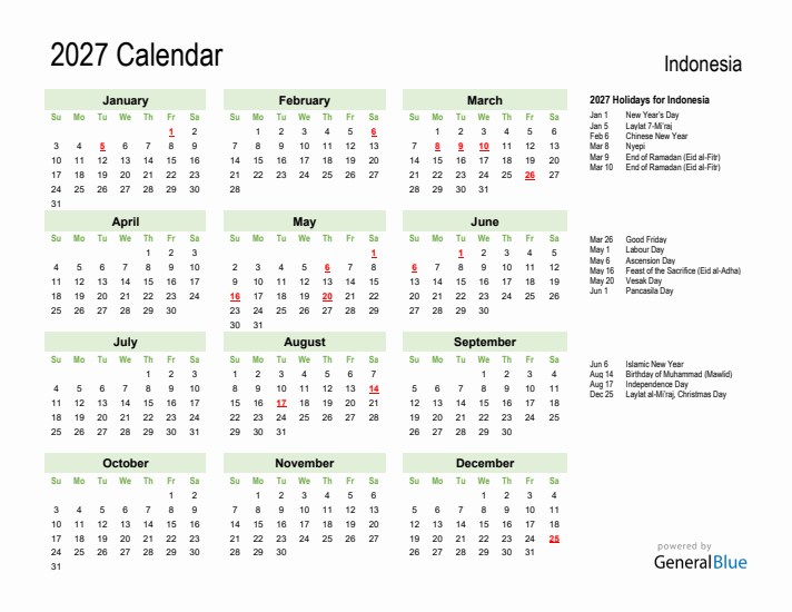 Holiday Calendar 2027 for Indonesia (Sunday Start)
