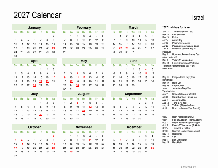Holiday Calendar 2027 for Israel (Sunday Start)