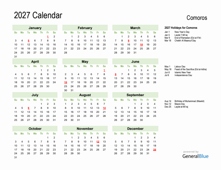 Holiday Calendar 2027 for Comoros (Sunday Start)
