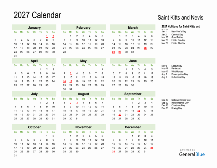 Holiday Calendar 2027 for Saint Kitts and Nevis (Sunday Start)