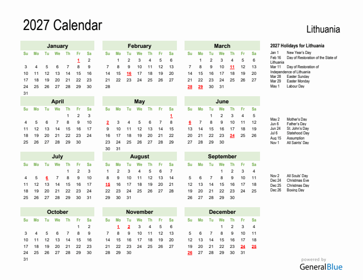 Holiday Calendar 2027 for Lithuania (Sunday Start)