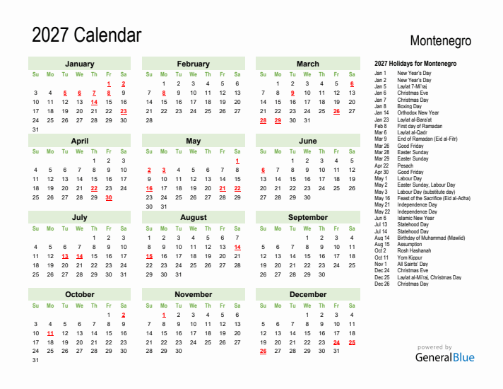 Holiday Calendar 2027 for Montenegro (Sunday Start)