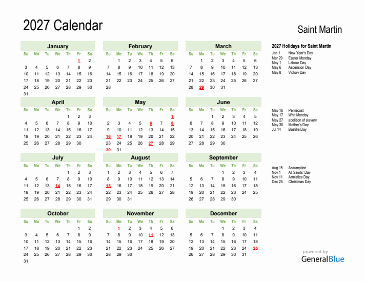 Holiday Calendar 2027 for Saint Martin (Sunday Start)