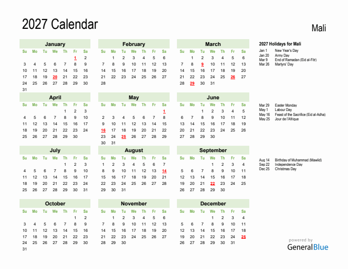 Holiday Calendar 2027 for Mali (Sunday Start)