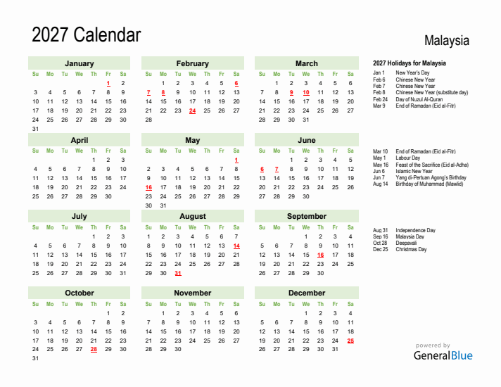 Holiday Calendar 2027 for Malaysia (Sunday Start)