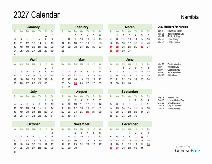 Holiday Calendar 2027 For Namibia Holiday Calendar 2027 For Namibia