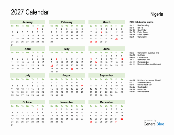 Holiday Calendar 2027 for Nigeria (Sunday Start)