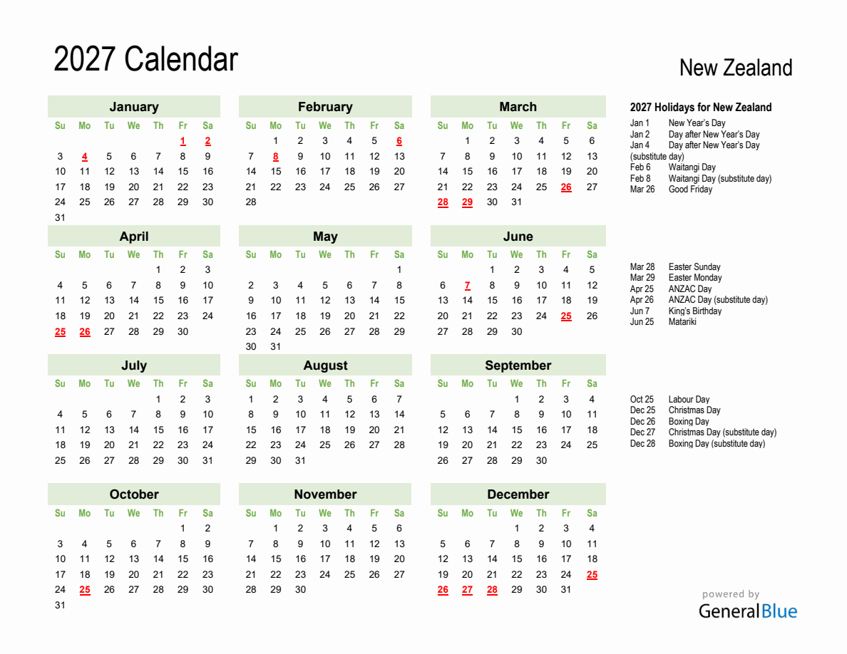Holiday Calendar 2027 for New Zealand