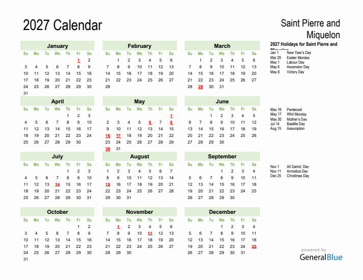 Holiday Calendar 2027 for Saint Pierre and Miquelon (Sunday Start)