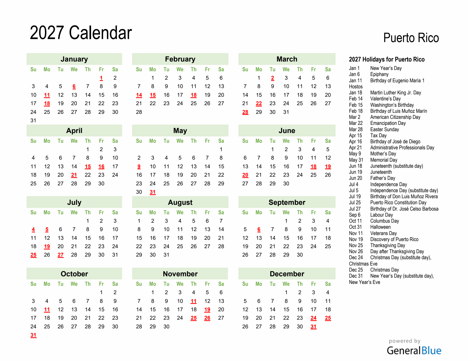 Holiday Calendar 2027 for Puerto Rico (Sunday Start)