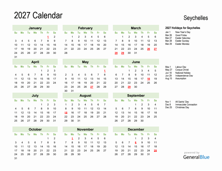 Holiday Calendar 2027 for Seychelles (Sunday Start)