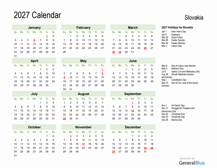 Holiday Calendar 2027 for Slovakia (Sunday Start)