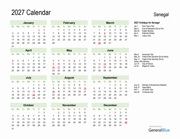 Holiday Calendar 2027 for Senegal (Sunday Start)