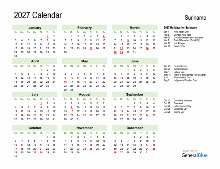 Holiday Calendar 2027 for Suriname (Sunday Start)