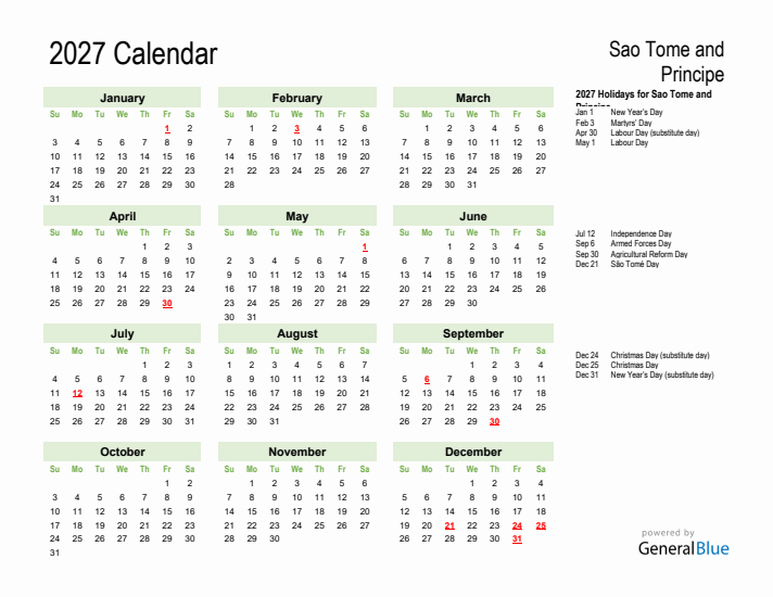 Holiday Calendar 2027 for Sao Tome and Principe (Sunday Start)