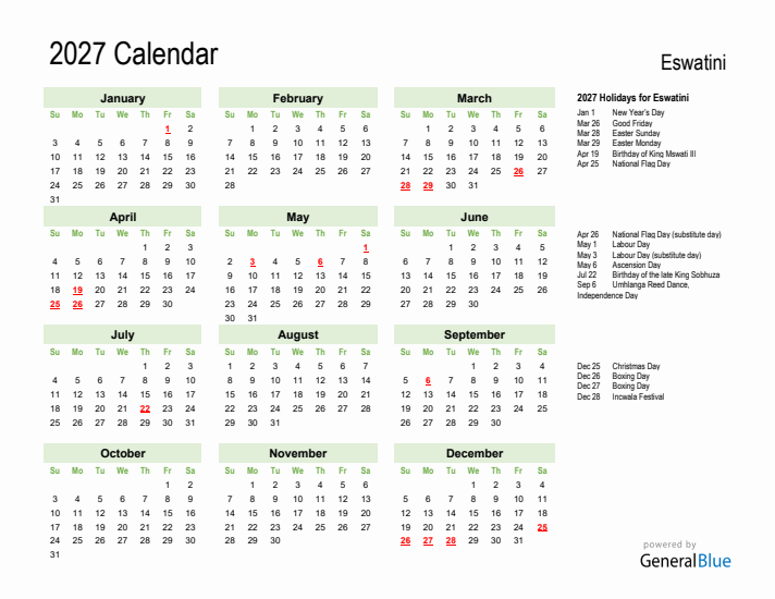 Holiday Calendar 2027 for Eswatini (Sunday Start)