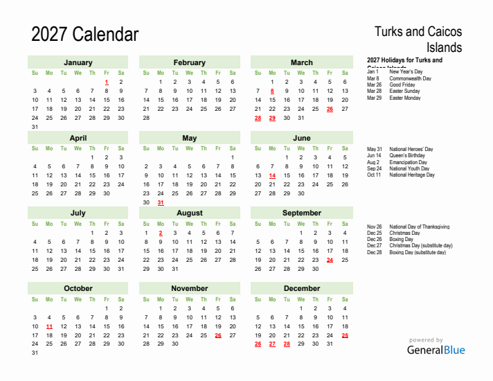 Holiday Calendar 2027 for Turks and Caicos Islands (Sunday Start)